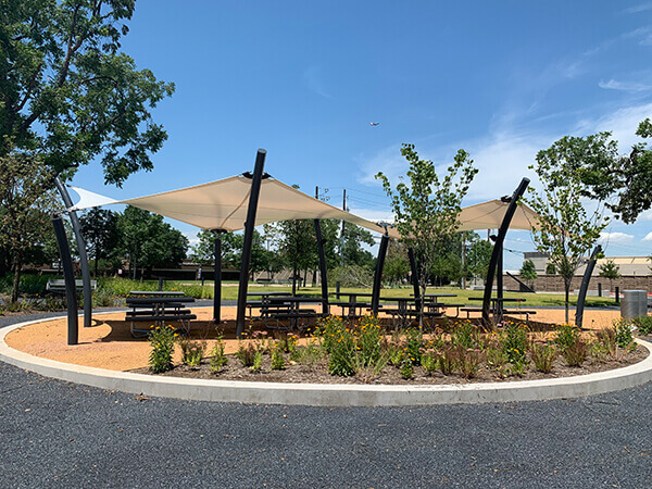 Picnic tables in the Discovery Center park