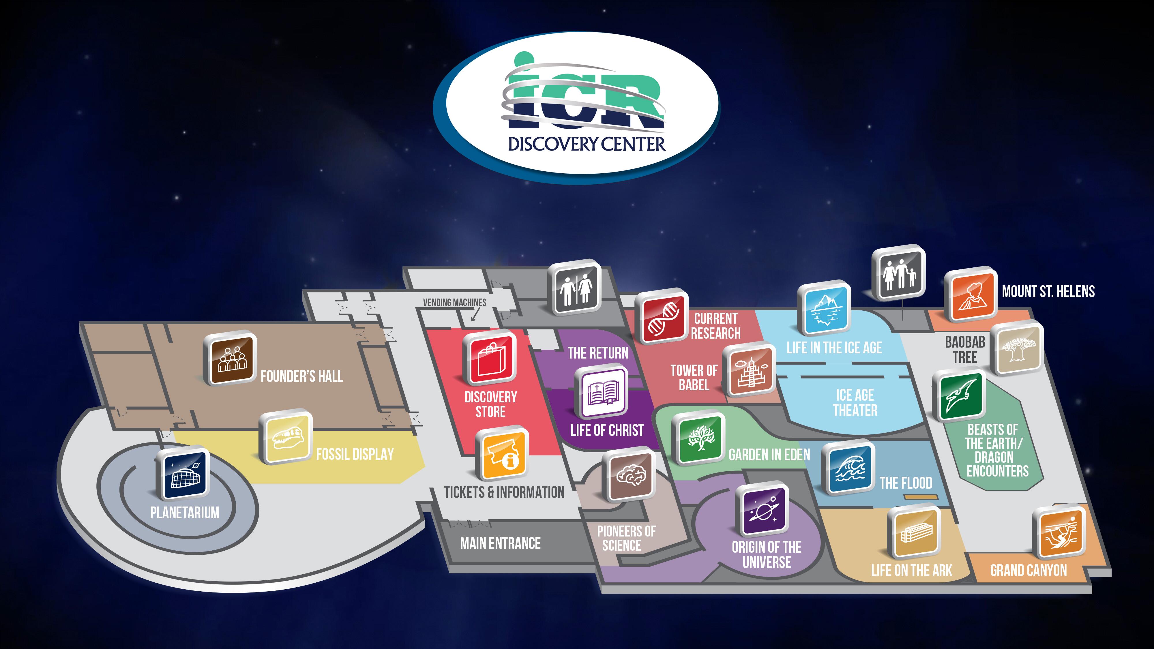 A map of inside the ICR Discovery Center showing the locations of the exhibits and features.