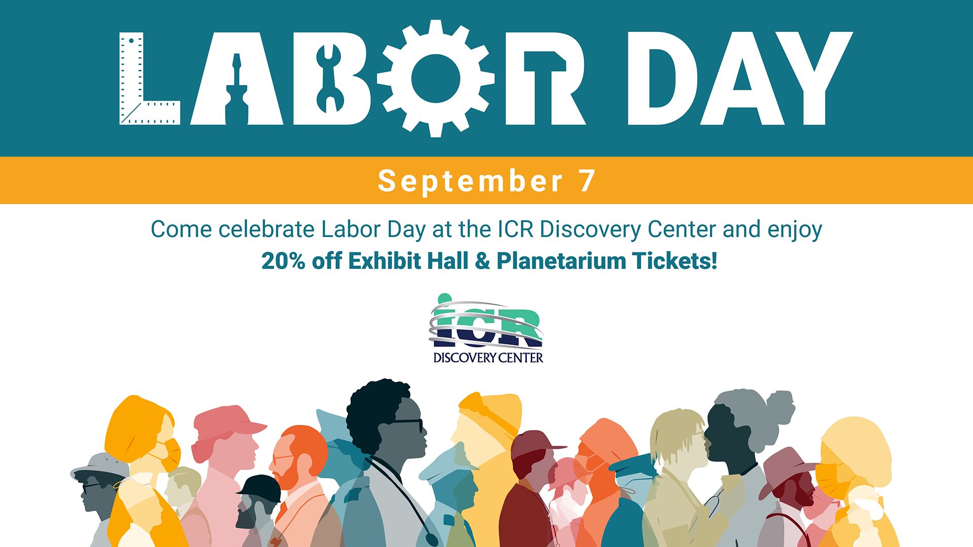 Labor Day promotion graphic for the ICR Discovery Center advertising September 7 with 20% off Exhibit Hall and Planetarium tickets, including a QR code and illustrated crowd.