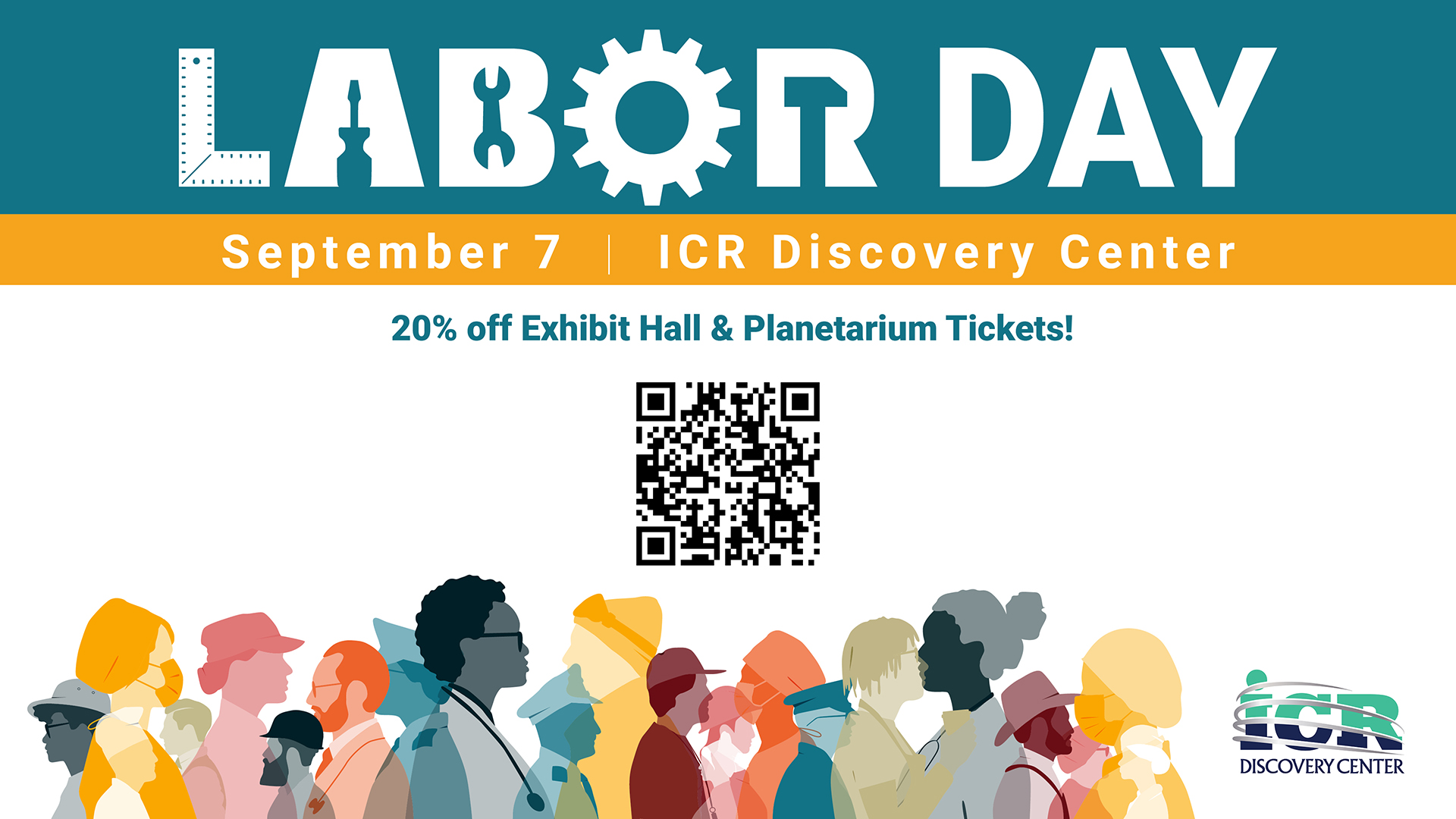 Labor Day promotion graphic for the ICR Discovery Center advertising September 7 with 20% off Exhibit Hall and Planetarium tickets, including a QR code and illustrated crowd.