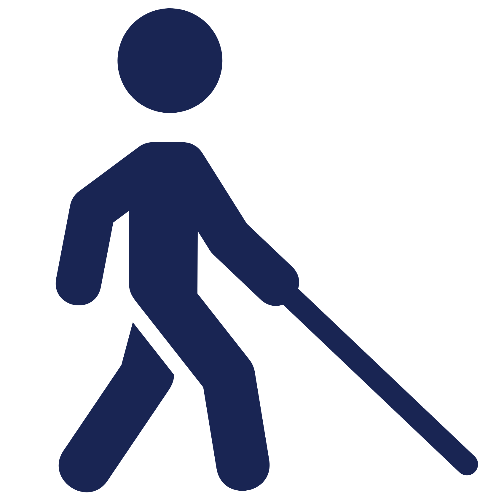 A figure of a person walking with a waling stick