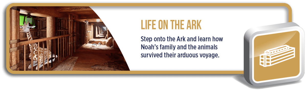 Life on the Ark: Step onto the Ark and learn how Noah's family and the animals survived their arduous voyage.