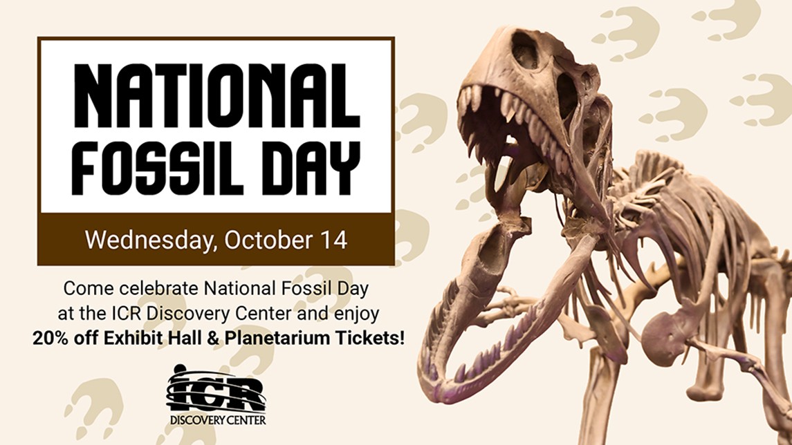 Promotional graphic for National Fossil Day featuring a large dinosaur skeleton skull and upper body on the right against a light beige background with faint fossil footprint patterns. On the left, a sign reads “NATIONAL FOSSIL DAY” with “Wednesday, October 14” below. Additional text states: “Come celebrate National Fossil Day at the ICR Discovery Center and enjoy 20% off Exhibit Hall & Planetarium Tickets!” The ICR Discovery Center logo appears at the bottom.