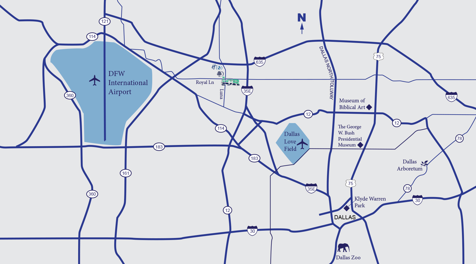 Overview map of the Dallas Area surrounding the ICR Discovery Center for Science & Earth History